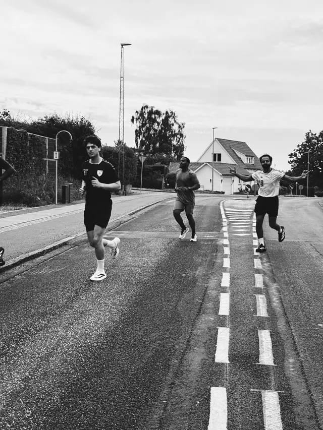 Road markings and a runner