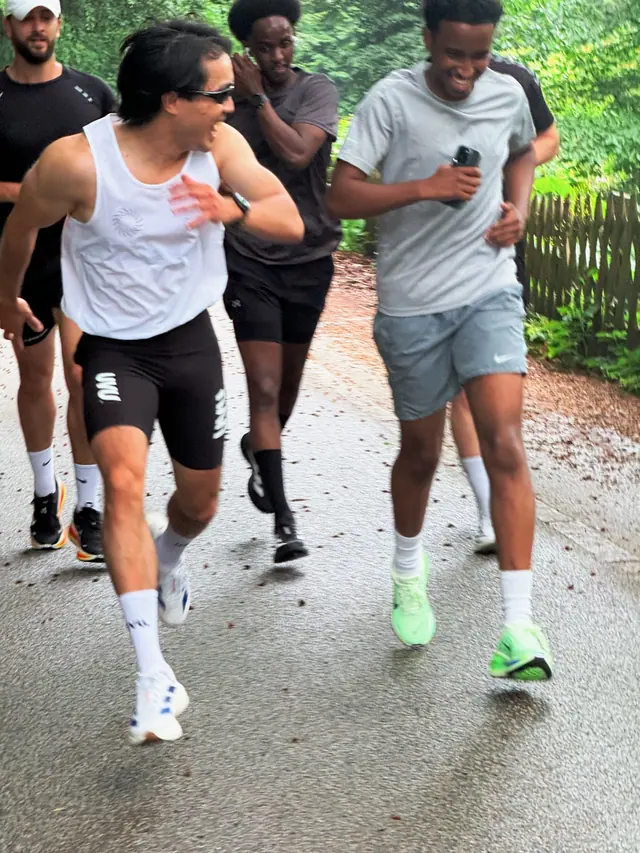 A group running in the rain